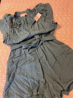 LOFT Teal Button-Front Tie-Waist Ruffle Romper